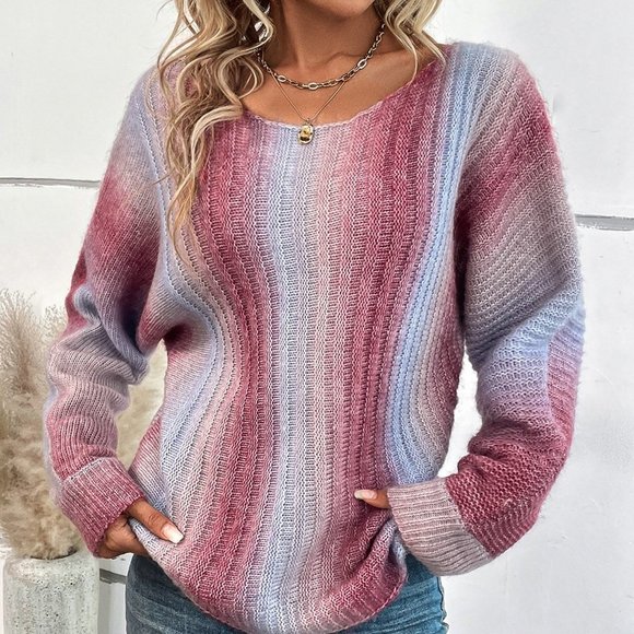 Burgundy Preppy Womens Ombre Batwing Sleeve Sweater - Picture 4 of 5